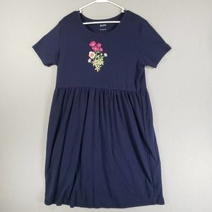 Blair Dress Womens L Blue Short Sleeve Round Neck Midi Embroidered Floral